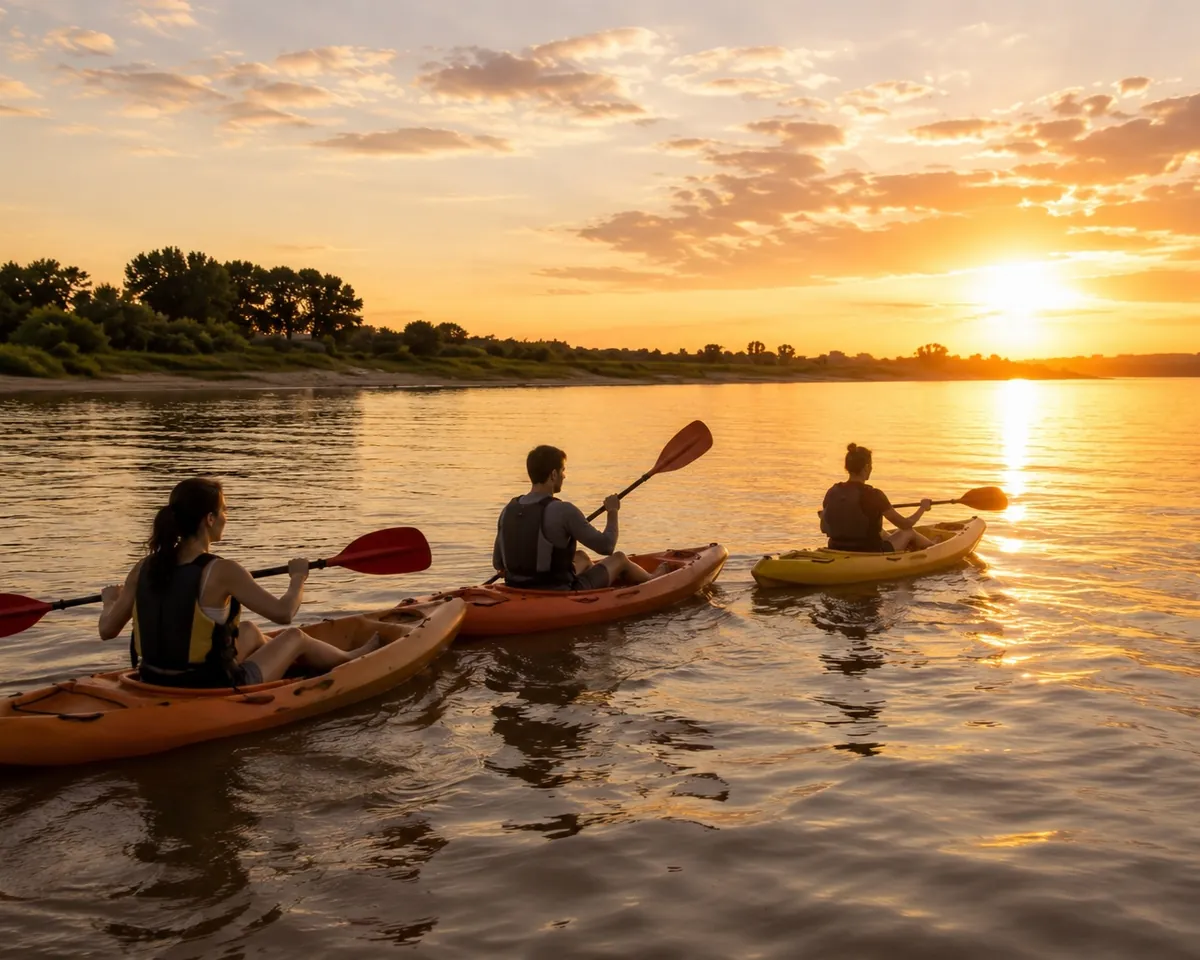 Tres personas remando juntas en kayak por un río tranquilo, aprendiendo en grupo