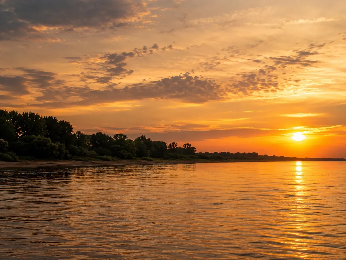 Orilla del río Paraná al atardecer, luz dorada reflejada en el agua en calma